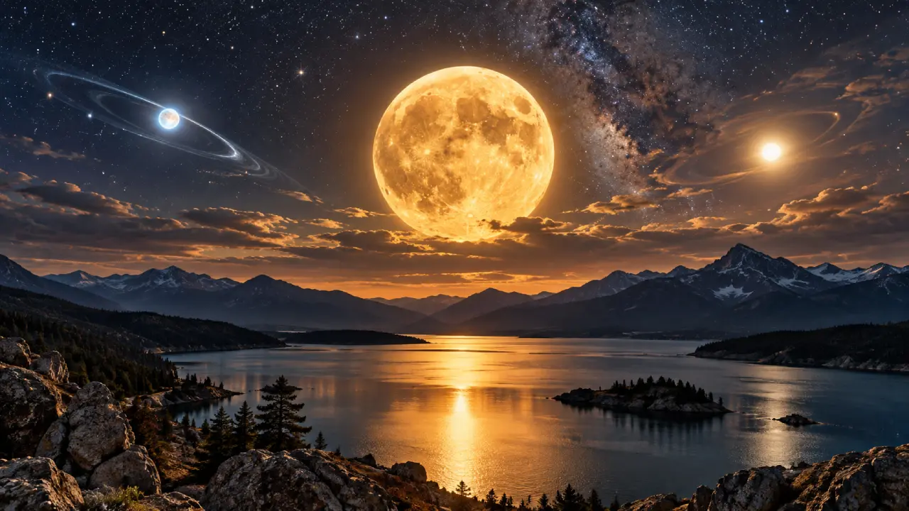 Lua dourada em destaque entre dois corpos celestes sobre lago e montanhas