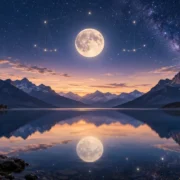 Lua em Libra aparece sobre lago e montanhas sob céu estrelado