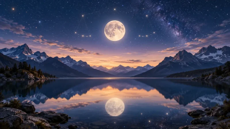 Lua em Libra aparece sobre lago e montanhas sob céu estrelado