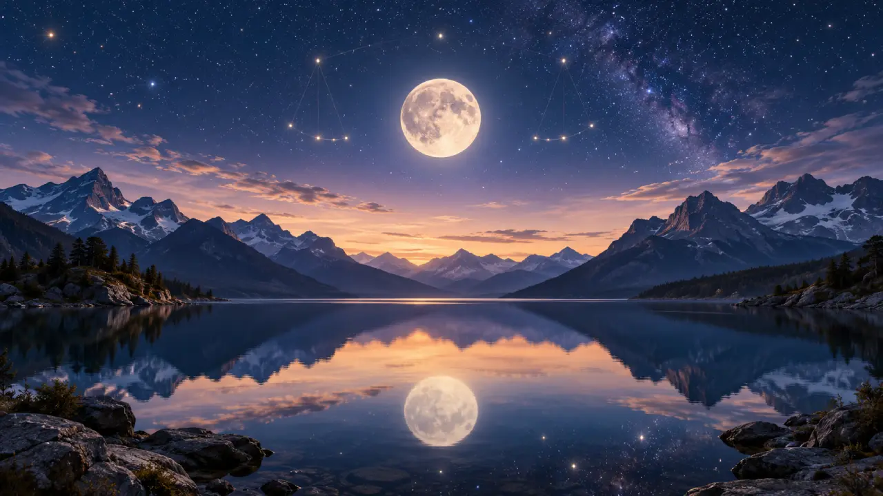 Lua em Libra aparece sobre lago e montanhas sob céu estrelado