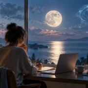 Mulher trabalha diante do computador sob a Lua em Peixes, simbolizando criatividade, concentração e sensibilidade