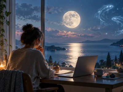 Mulher trabalha diante do computador sob a Lua em Peixes, simbolizando criatividade, concentração e sensibilidade