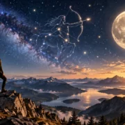 Pessoa observa Lua e constelação de Sagitário sobre paisagem montanhosa ao amanhecer