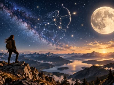 Pessoa observa Lua e constelação de Sagitário sobre paisagem montanhosa ao amanhecer