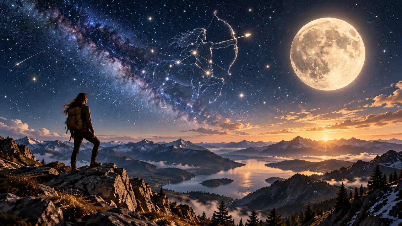 Pessoa observa Lua e constelação de Sagitário sobre paisagem montanhosa ao amanhecer
