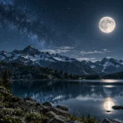Lua ilumina lago e montanhas sob céu estrelado na entrada em Virgem