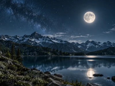 Lua ilumina lago e montanhas sob céu estrelado na entrada em Virgem