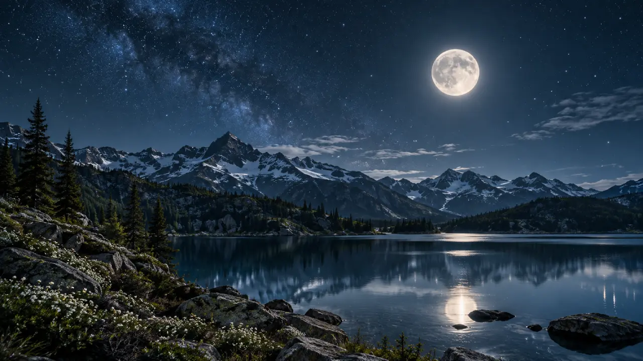 Lua ilumina lago e montanhas sob céu estrelado na entrada em Virgem