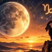 Lua em Capricórnio sobre paisagem montanhosa com símbolo do signo, representando metas e responsabilidade
