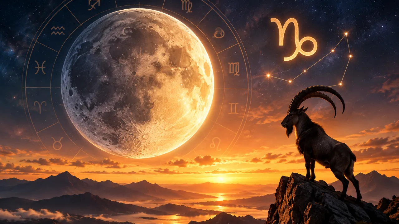 Lua em Capricórnio sobre paisagem montanhosa com símbolo do signo, representando metas e responsabilidade Lua em Capricórnio sobre paisagem montanhosa com símbolo do signo, representando metas e responsabilidade