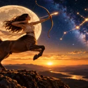 Lua entra em Sagitário sob céu estrelado com arqueira simbolizando expansão e novos caminhos