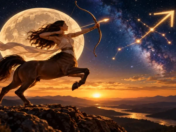 Lua entra em Sagitário sob céu estrelado com arqueira simbolizando expansão e novos caminhos