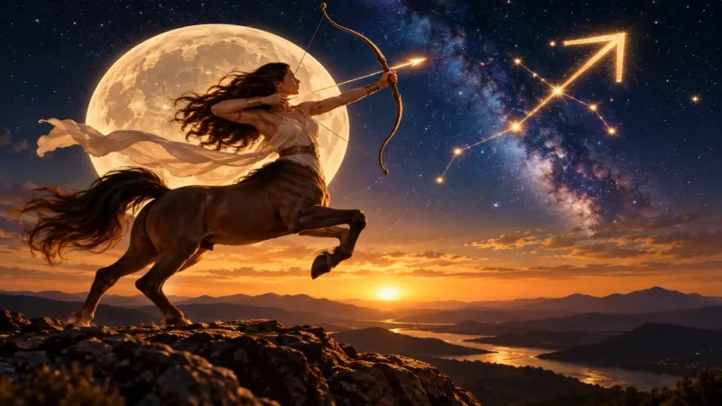 Lua entra em Sagitário sob céu estrelado com arqueira simbolizando expansão e novos caminhos