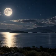 Lua iluminando um lago cercado por montanhas durante a noite