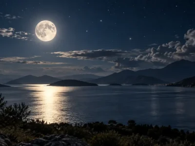 Lua iluminando um lago cercado por montanhas durante a noite