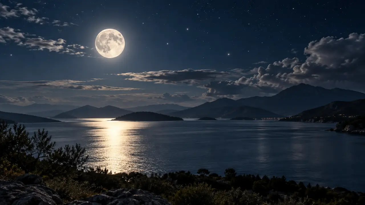 Lua iluminando um lago cercado por montanhas durante a noite