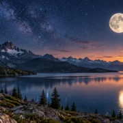 Lua ilumina lago e montanhas sob céu estrelado durante o entardecer