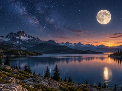 Lua ilumina lago e montanhas sob céu estrelado durante o entardecer