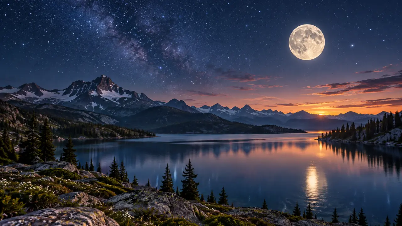 Lua ilumina lago e montanhas sob céu estrelado durante o entardecer