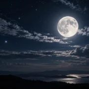 Lua cheia iluminando céu estrelado sobre montanhas e lago durante a noite