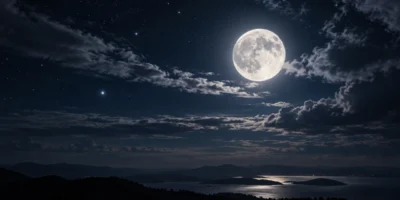 Lua cheia iluminando céu estrelado sobre montanhas e lago durante a noite