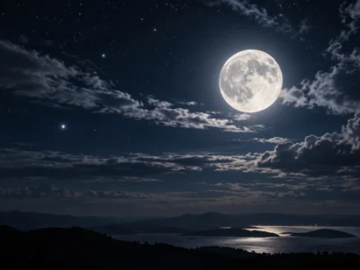 Lua cheia iluminando céu estrelado sobre montanhas e lago durante a noite