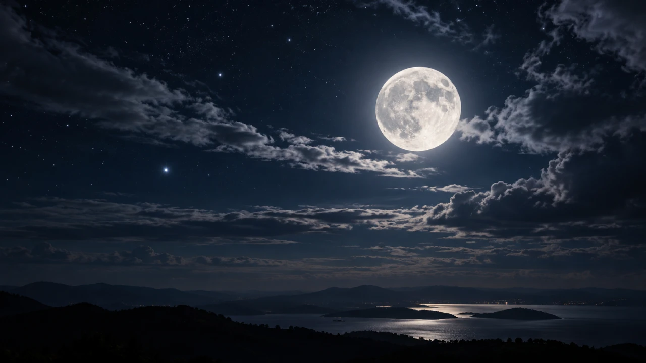Lua cheia iluminando céu estrelado sobre montanhas e lago durante a noite