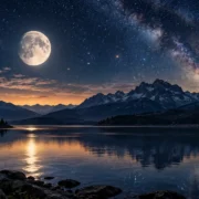 Lua ilumina lago e montanhas durante longo período fora de curso