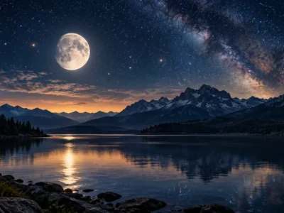 Lua ilumina lago e montanhas durante longo período fora de curso