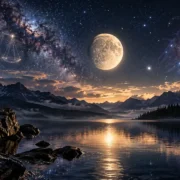 Lua fora de curso em Libra aparece entre símbolos de Libra e Escorpião sobre lago e montanhas