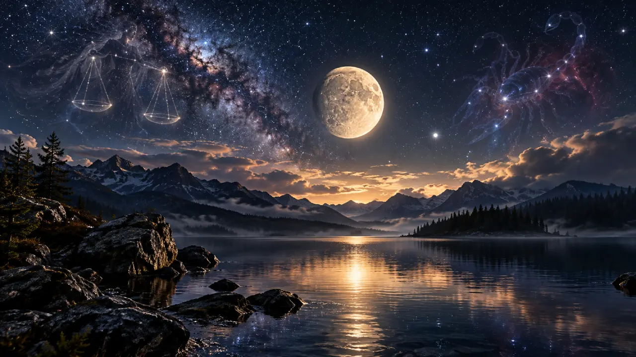 Lua fora de curso em Libra aparece entre símbolos de Libra e Escorpião sobre lago e montanhas Lua fora de curso em Libra aparece entre símbolos de Libra e Escorpião sobre lago e montanhas