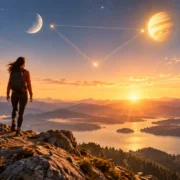 Mulher caminha por montanha ao amanhecer sob Lua e Júpiter, simbolizando confiança, expansão, iniciativa e novas possibilidades