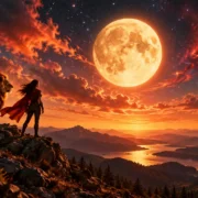 Mulher e leão diante da Lua simbolizam coragem, iniciativa e energia no trígono entre Lua em Áries e Marte em Leão