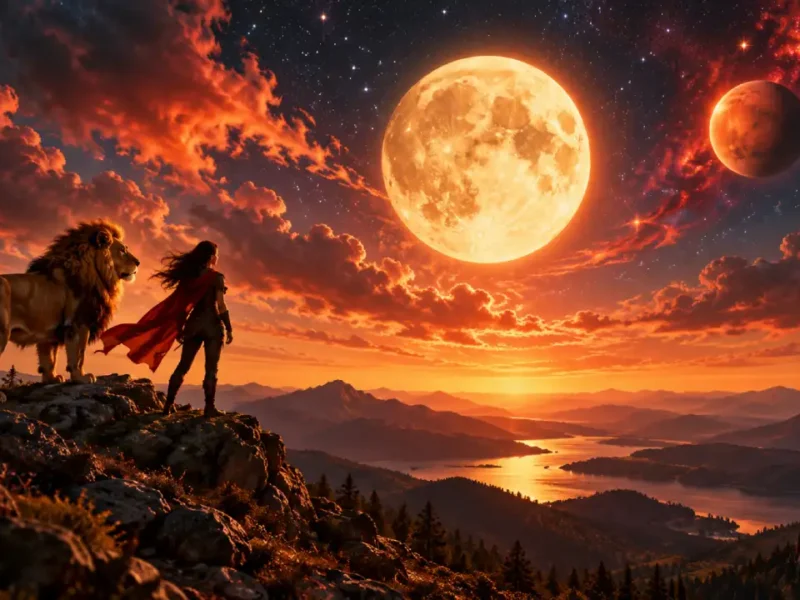 Mulher e leão diante da Lua simbolizam coragem, iniciativa e energia no trígono entre Lua em Áries e Marte em Leão