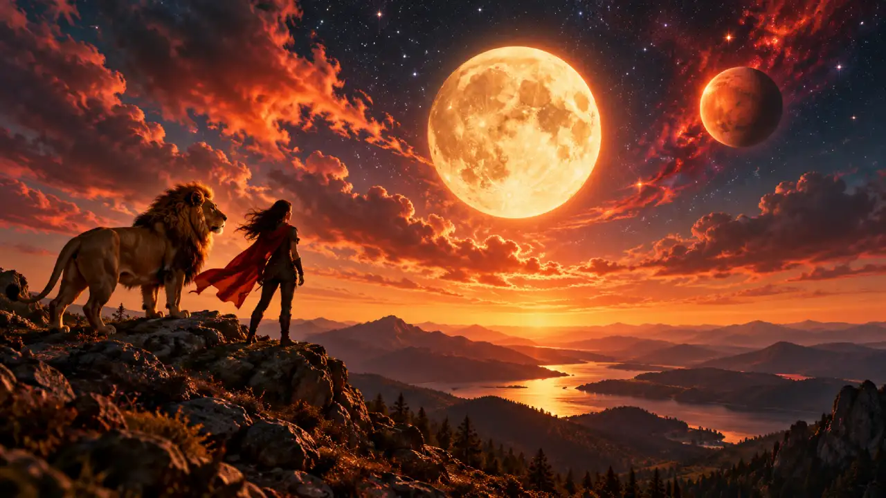 Mulher e leão diante da Lua simbolizam coragem, iniciativa e energia no trígono entre Lua em Áries e Marte em Leão