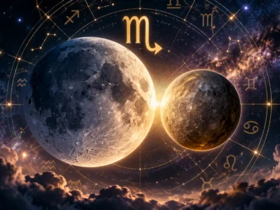 Lua e Mercúrio aparecem em conjunção em Escorpião sob céu estrelado