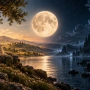 Lua Cheia divide paisagem entre luz e sombra, simbolizando a oposição entre emoção e razão no aspecto entre Lua e Mercúrio