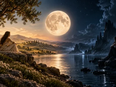 Lua Cheia divide paisagem entre luz e sombra, simbolizando a oposição entre emoção e razão no aspecto entre Lua e Mercúrio