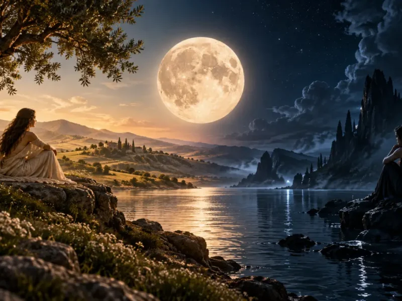 Lua Cheia divide paisagem entre luz e sombra, simbolizando a oposição entre emoção e razão no aspecto entre Lua e Mercúrio