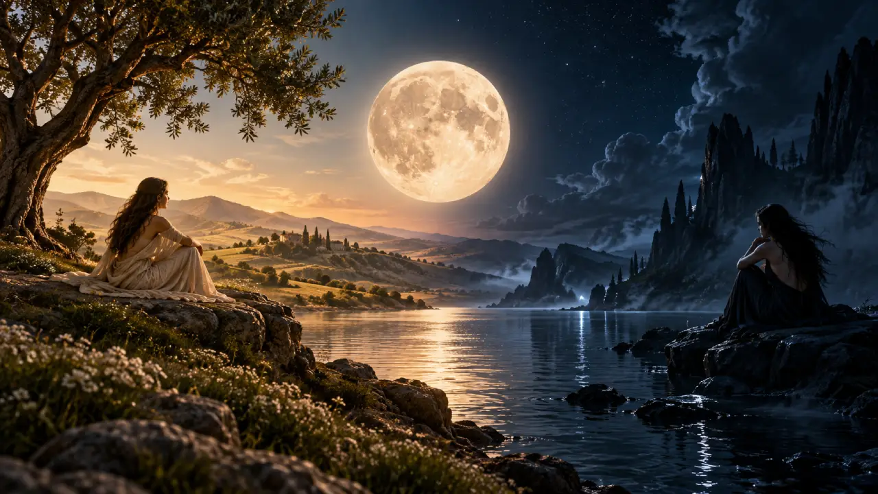 Lua Cheia divide paisagem entre luz e sombra, simbolizando a oposição entre emoção e razão no aspecto entre Lua e Mercúrio Lua Cheia divide paisagem entre luz e sombra, simbolizando a oposição entre emoção e razão no aspecto entre Lua e Mercúrio