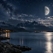 Lua minguante iluminando lago, montanhas e casas em uma paisagem noturna