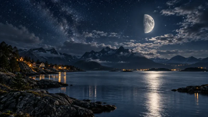 Lua minguante iluminando lago, montanhas e casas em uma paisagem noturna