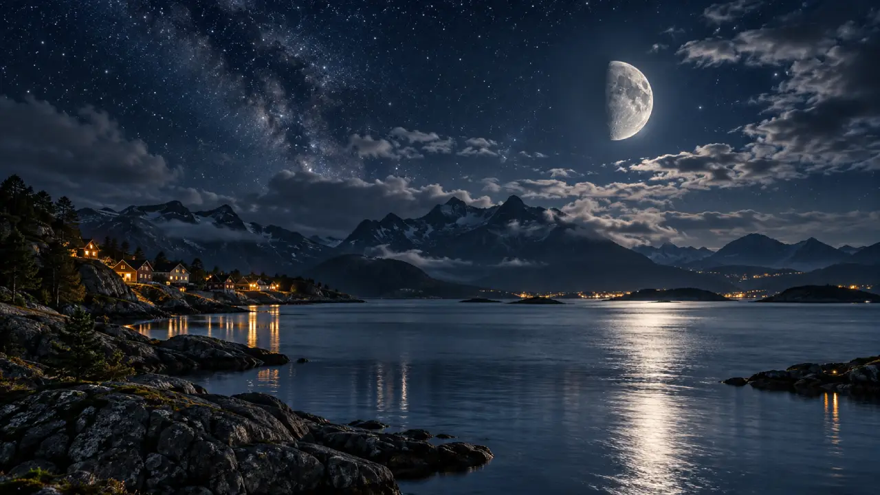 Lua minguante iluminando lago, montanhas e casas em uma paisagem noturna Lua minguante iluminando lago, montanhas e casas em uma paisagem noturna