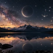 Lua Nova em Libra aparece sobre lago e montanhas sob céu estrelado