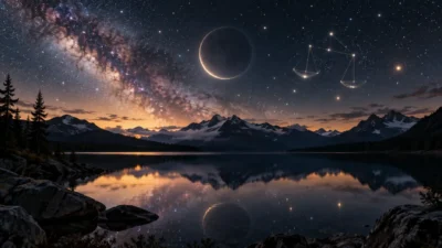 Lua Nova em Libra aparece sobre lago e montanhas sob céu estrelado