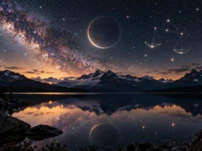 Lua Nova em Libra aparece sobre lago e montanhas sob céu estrelado