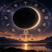 Lua Nova em Libra aparece ao centro do zodíaco com balança iluminada sobre lago e montanhas
