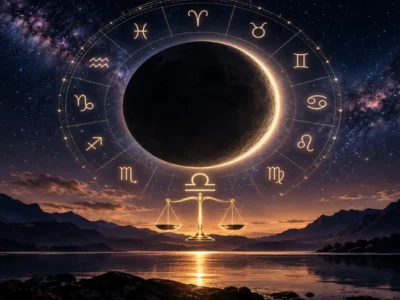 Lua Nova em Libra aparece ao centro do zodíaco com balança iluminada sobre lago e montanhas