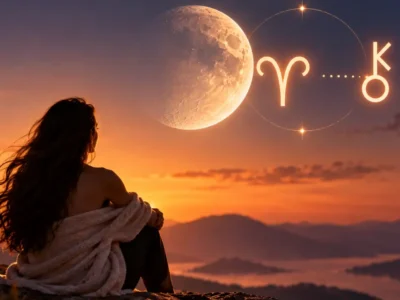 Mulher observa a Lua em Áries e Quíron ao entardecer, simbolizando sensibilidade, vulnerabilidade e reflexão emocional