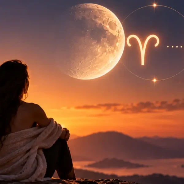 Mulher observa a Lua em Áries e Quíron ao entardecer, simbolizando sensibilidade, vulnerabilidade e reflexão emocional